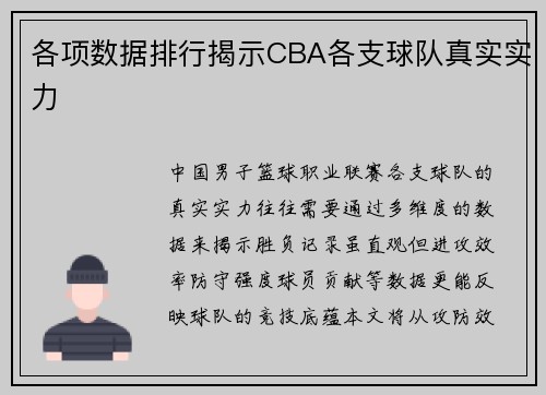 各项数据排行揭示CBA各支球队真实实力