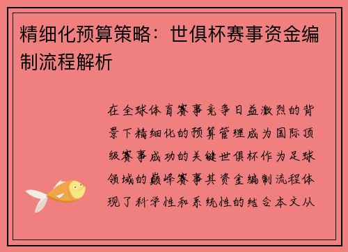 精细化预算策略：世俱杯赛事资金编制流程解析